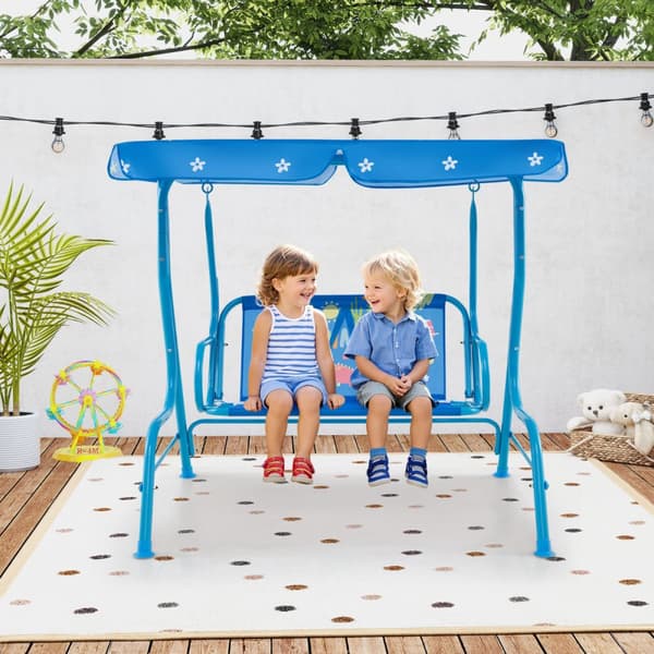 Børns terrassegynge, 2-sæders børns terrassegynge med metalstativ og justerbar baldakin, 44x28x43,5 tommer, blå