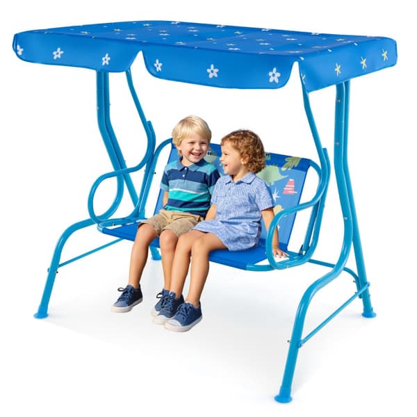 Børns terrassegynge, 2-sæders børns terrassegynge med metalstativ og justerbar baldakin, 44x28x43,5 tommer, blå
