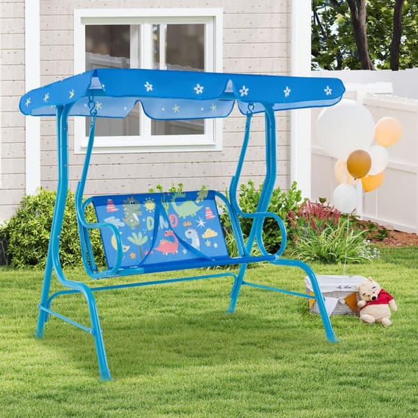 Børns terrassegynge, 2-sæders børns terrassegynge med metalstativ og justerbar baldakin, 44x28x43,5 tommer, blå