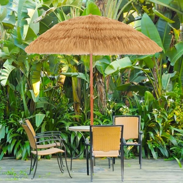 Parasol, 2M PP-strå Tiltende Parasol med Sandsokkel Hawaiiansk Stylet Stråtag 2 Aftagelige Dele, 200x175x160 cm, Naturlig