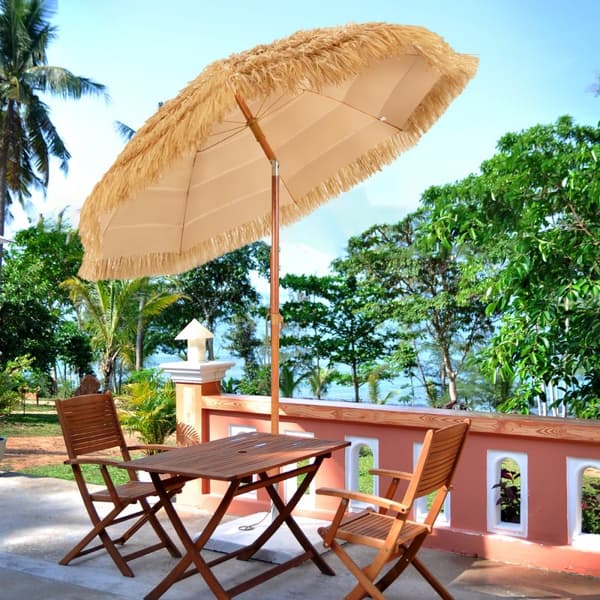 Parasol, 2M PP-strå Tiltende Parasol med Sandsokkel Hawaiiansk Stylet Stråtag 2 Aftagelige Dele, 200x175x160 cm, Naturlig
