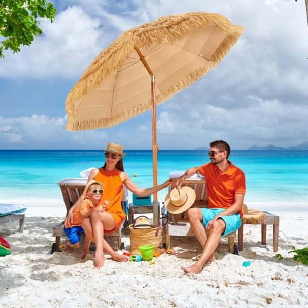 Parasol, 2M PP-strå Tiltende Parasol med Sandsokkel Hawaiiansk Stylet Stråtag 2 Aftagelige Dele, 200x175x160 cm, Naturlig