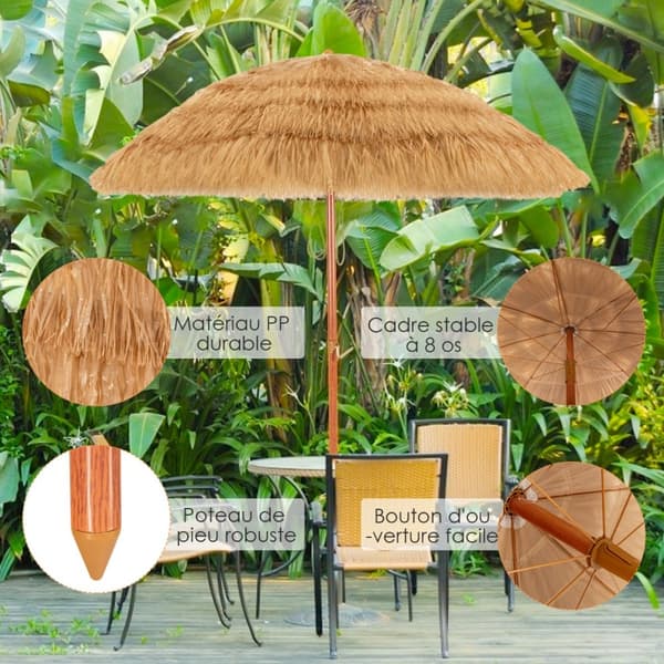 Parasol, 2M PP-strå Tiltende Parasol med Sandsokkel Hawaiiansk Stylet Stråtag 2 Aftagelige Dele, 200x175x160 cm, Naturlig