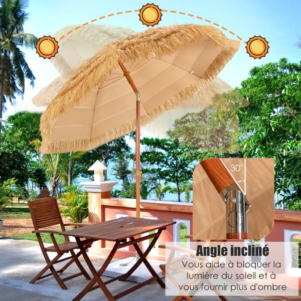 Parasol, 2M PP-strå Tiltende Parasol med Sandsokkel Hawaiiansk Stylet Stråtag 2 Aftagelige Dele, 200x175x160 cm, Naturlig