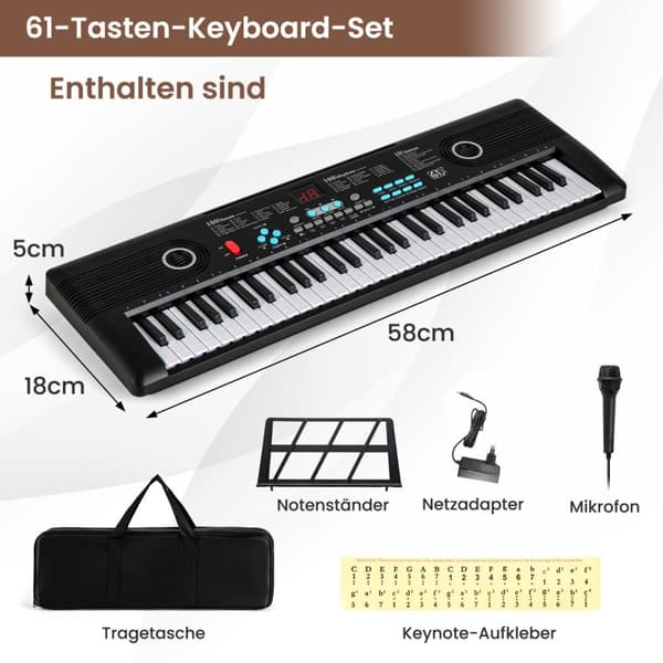Piano Keyboard, 61 Tangenter Piano Keyboard med Stativ & Mikrofon & Bärväska, 58x18x5 cm, Svart