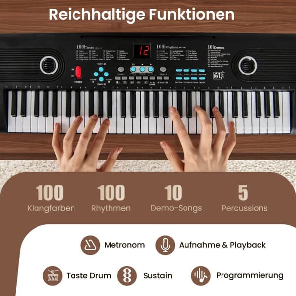 Piano Keyboard, 61 Tangenter Piano Keyboard med Stativ & Mikrofon & Bärväska, 58x18x5 cm, Svart