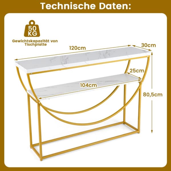 Konsolbord, 120x30x80.5 cm, Hvid Guld