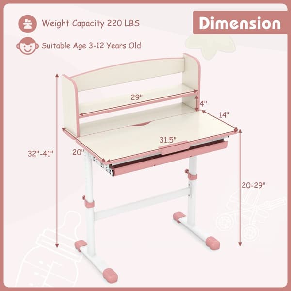 Børns Studiebord, 31,5x20x32-41 tommer, Lyserød
