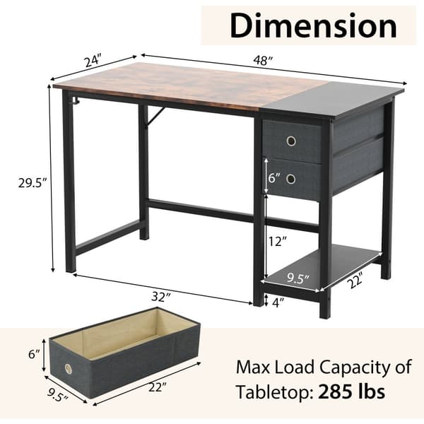 Hjemmekontor Skrivebord, Hængekrog-S, 48x24x29.5 tommer/55x24x29.5 tommer, Rustik Brun/Sort