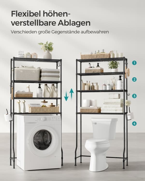 4-kerroksinen WC-pöntön päälle sijoitettava säilytysteline, metallia
