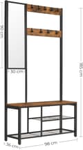 Pikkukuva 3 / 7: Vaateteline, eteisen kalusteet koukuilla, peilillä, kenkäpenkillä ja hyllyillä, 36 x 98 x 185 cm, olohuoneeseen makuuhuoneessa