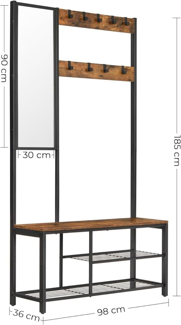 Vaateteline, eteisen kalusteet koukuilla, peilillä, kenkäpenkillä ja hyllyillä, 36 x 98 x 185 cm, olohuoneeseen makuuhuoneessa