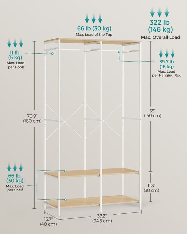 Avoin vaatekaappi vaatetangolla, hyllyillä, irrotettavilla koukuilla, 40 x 94,5 x 180 cm, luonnonbeige