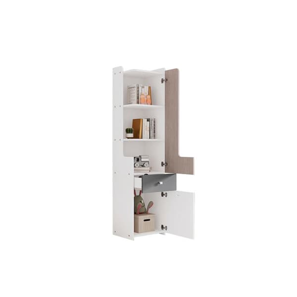 Hög bibliotek med L-dörrar för ungdomshyllor, MDF, vit + ljus alm + grå