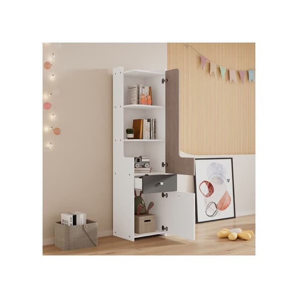 Hög bibliotek med L-dörrar för ungdomshyllor, MDF, vit + ljus alm + grå