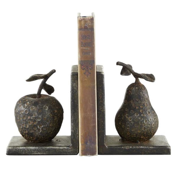 Deco 79 - 63418 - Set med 2 Bokstöd i metall i form av ett äpple och en päron, 12,7 cm bred, 12,7 cm hög, grå