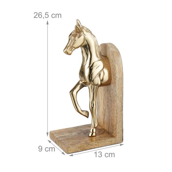 Relaxdays Bokstöd i 2 delar, varje prydd med en häst, elegant design, H x B x D: 26,5 x 9 x 13 cm, natur/guld