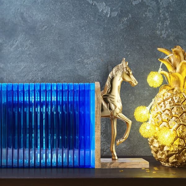 Relaxdays Bokstöd i 2 delar, varje prydd med en häst, elegant design, H x B x D: 26,5 x 9 x 13 cm, natur/guld