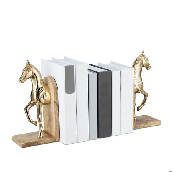 Relaxdays Bokstöd i 2 delar, varje prydd med en häst, elegant design, H x B x D: 26,5 x 9 x 13 cm, natur/guld