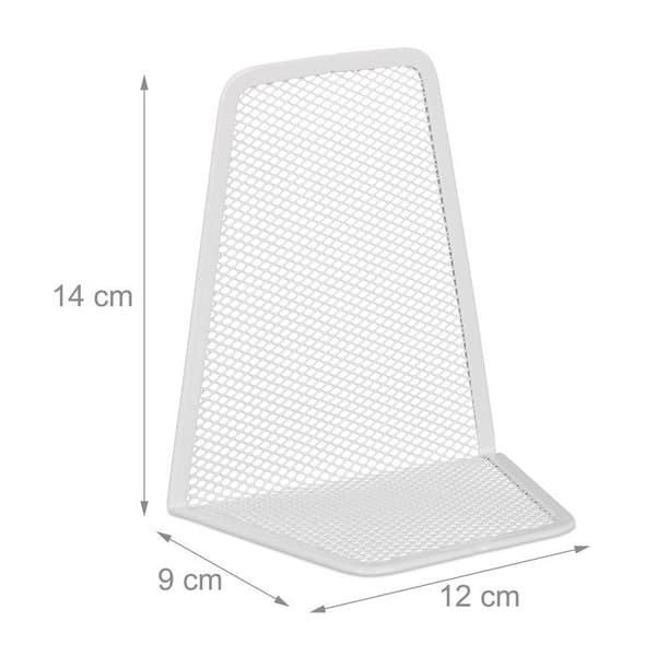 Relaxdays Bokstöd, 2-pack, nätutseende, böcker och mappar, bokpress HxBxD: 14 x 12 x 9 cm, metall, vit