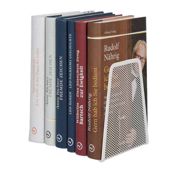 Relaxdays Bokstöd, 2-pack, nätutseende, böcker och mappar, bokpress HxBxD: 14 x 12 x 9 cm, metall, vit