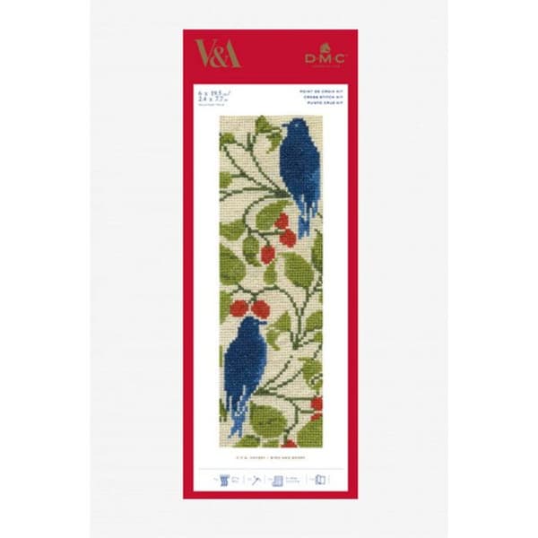 Broderisats - DMC - Bokmärke - Röda bär - Fåglar - 19,5 x 6 cm