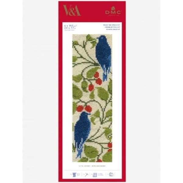 Broderisats - DMC - Bokmärke - Röda bär - Fåglar - 19,5 x 6 cm