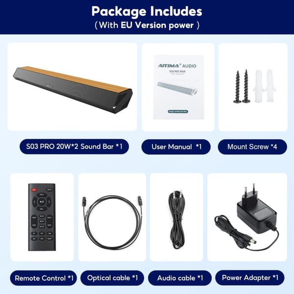 AIYIMA S03 Pro Soundbar, 20W × 2 output, Dolby Digital lydtilstande,S400 med EU-stik