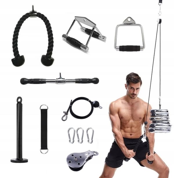 Dragset för träning: 3 m kabel, 2 cm stång, 4 x handtag: rep/snöre, V-handtag, D-handtag, rakt