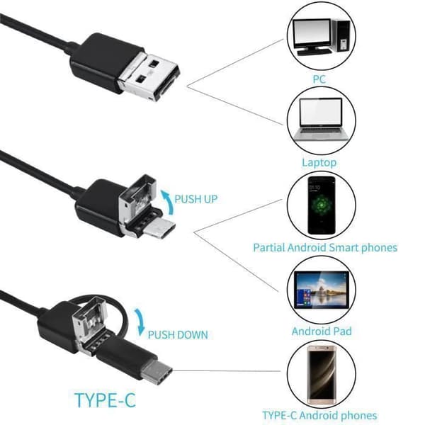 3 i 1 industriellt endoskop, 1200P HD-endoskopkamera 8 mm vattentät IP67 3,5 M-kabel med 8 lysdioder Kompatibel med Android