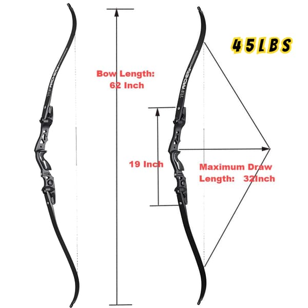 62 Tommer Buejagt Recurve Bue, Justerbar Træk Længde, IBO Hastighed 210FPS,Sort 45 lbs