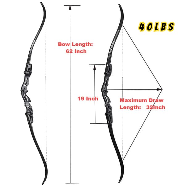 62 Tommer Buejagt Recurve Bue, Justerbar Træk Længde, IBO Hastighed 210FPS,Sort 40lbs