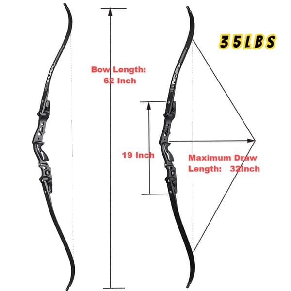 62 Tommer Buejagt Recurve Bue, Justerbar Træk Længde, IBO Hastighed 210FPS,Sort 35lbs