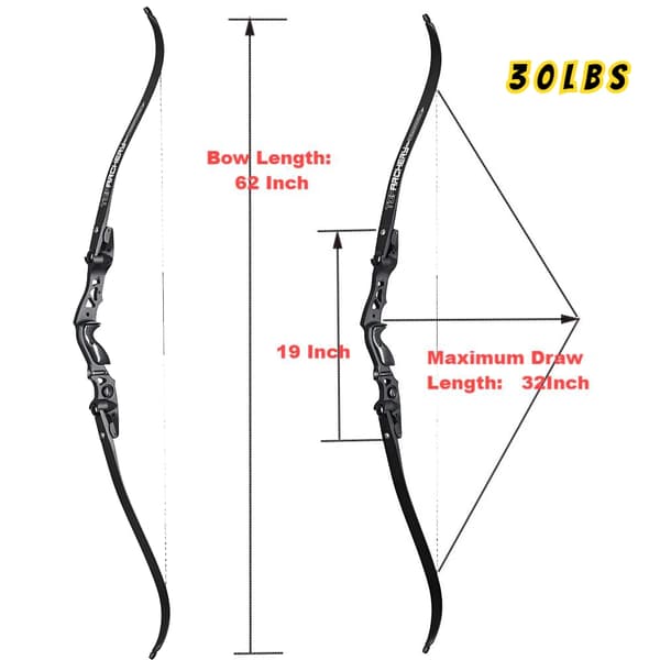 62 Tommer Buejagt Recurve Bue, Justerbar Træk Længde, IBO Hastighed 210FPS,Sort 30lbs