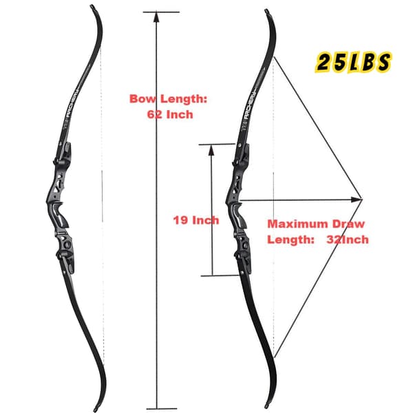 62-tums bågskytte recurve-båge, justerbar draglängd, IBO-hastighet 210 FPS,Svart 25 lbs