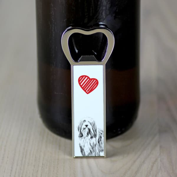 Bearded Collie, Highland Collie - pullonavaaja koiran kanssa, henkilökohtainen jääkaapinavaaja, Art-Dogin ainutlaatuinen lahja miehelle