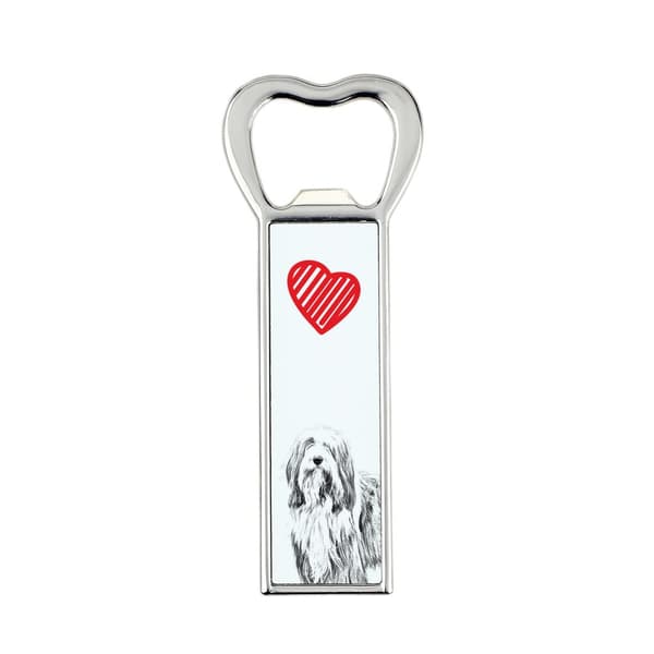 Bearded Collie, Highland Collie - pullonavaaja koiran kanssa, henkilökohtainen jääkaapinavaaja, Art-Dogin ainutlaatuinen lahja miehelle