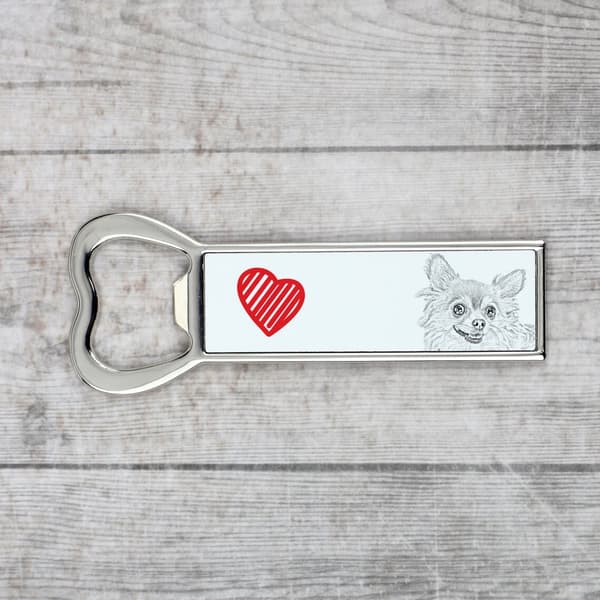 Pitkäkarvainen Chihuahua - pullonavaaja koiran kanssa, persoonallinen jääkaapinavaaja, ainutlaatuinen lahja miehelle Art-Dogilta