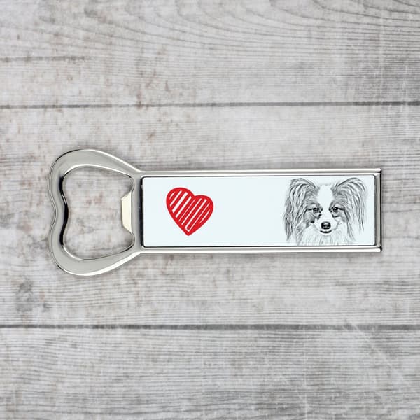 Papillon, mannerspanieli - pullonavaaja koiran kanssa, henkilökohtainen jääkaapinavaaja, ainutlaatuinen lahja miehelle Art-Dogilta