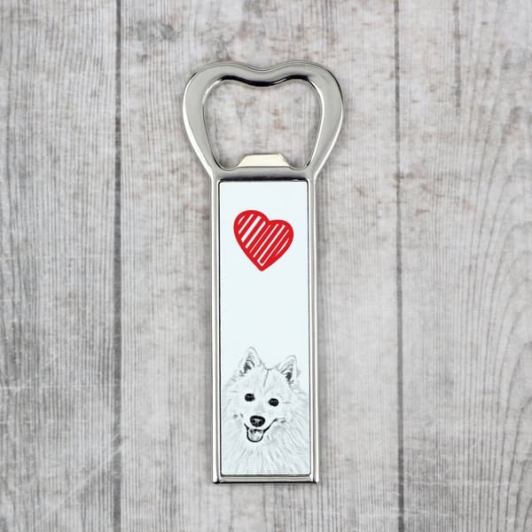 Japanese Spitz - pullonavaaja koiran kanssa, henkilökohtainen jääkaapinavaaja, Art-Dogin ainutlaatuinen lahja miehelle