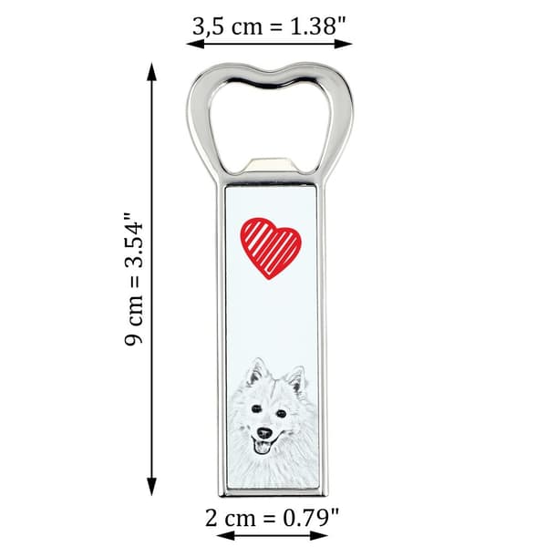 Japanese Spitz - pullonavaaja koiran kanssa, henkilökohtainen jääkaapinavaaja, Art-Dogin ainutlaatuinen lahja miehelle