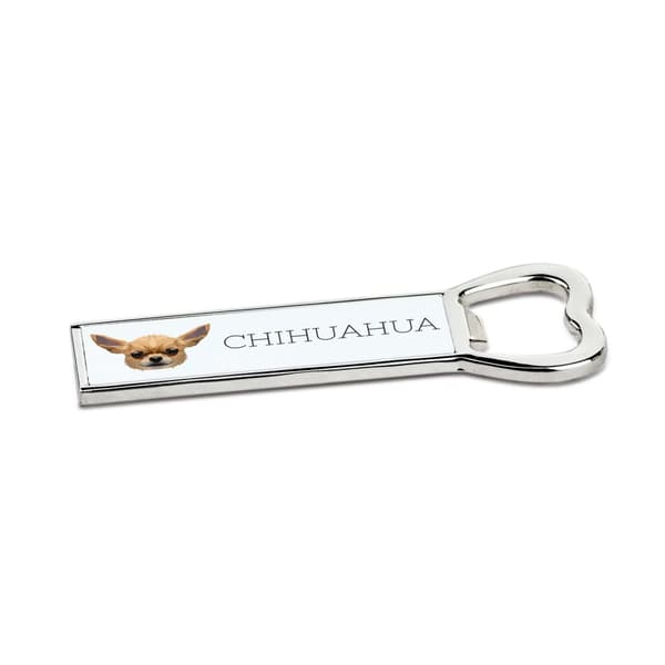 Lyhytkarvainen Chihuahua - pullonavaaja valokuvalla ja kirjoituksella Art-Dog-oluelle