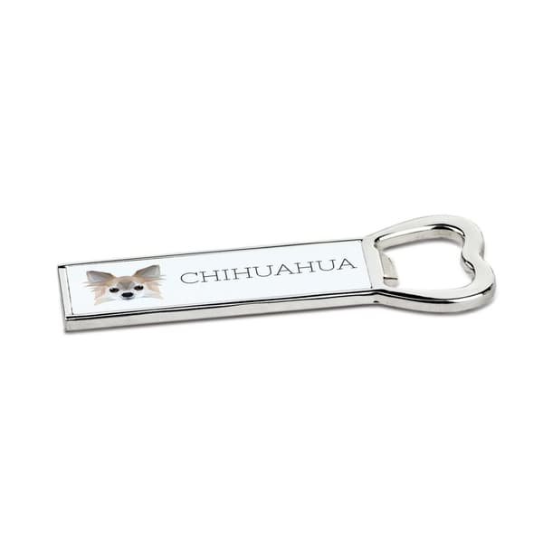 Pitkäkarvainen Chihuahua - pullonavaaja valokuvalla ja kirjoituksella Art-Dog-oluelle