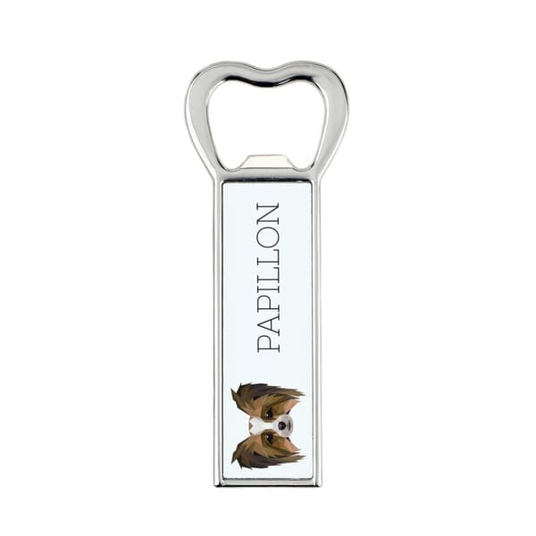 Papillon, mannerspanieli - pullonavaaja valokuvalla ja kirjoituksella Art-Dog-oluelle