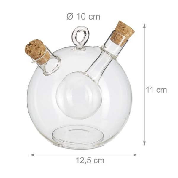 Relaxdays olja- och vinägerflaska, 2 i 1, med korkpropp, vinäger och olja i en, 375 och 50 ml, genomskinlig