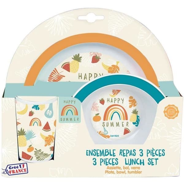 FUN HOUSE Fruity's Meal set - 1 platt tallrik ø22 cm, en sopptallrik ø16 cm och ett 220 ml glas - För barn