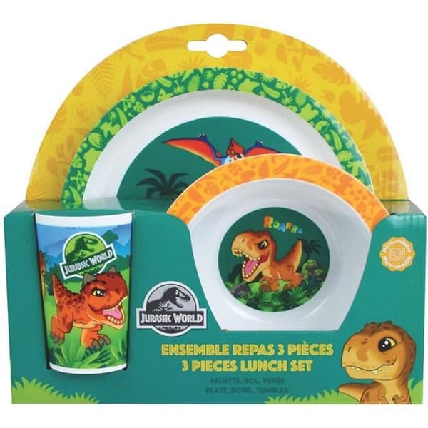 FUN HOUSE Jurassic Dinosaur måltidsset med tallrik ø 22 cm, sopptallrik ø 16 cm och glas 220 ml - För