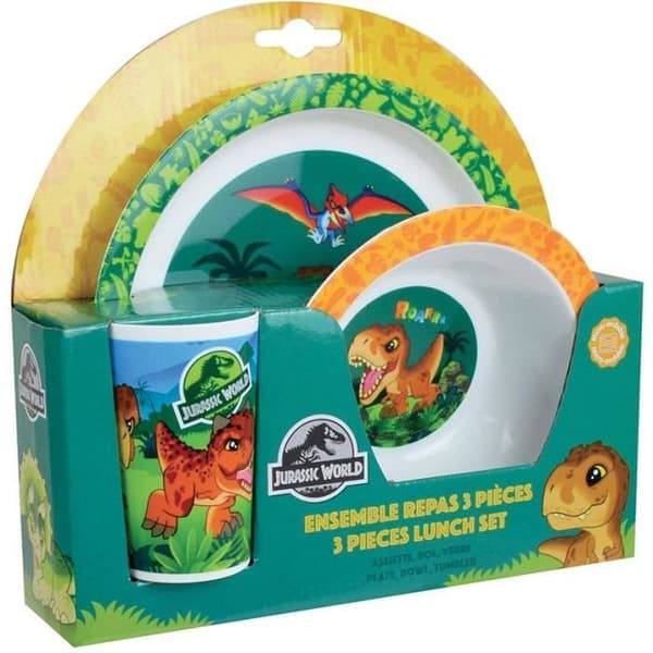 FUN HOUSE Jurassic Dinosaur måltidsset med tallrik ø 22 cm, sopptallrik ø 16 cm och glas 220 ml - För