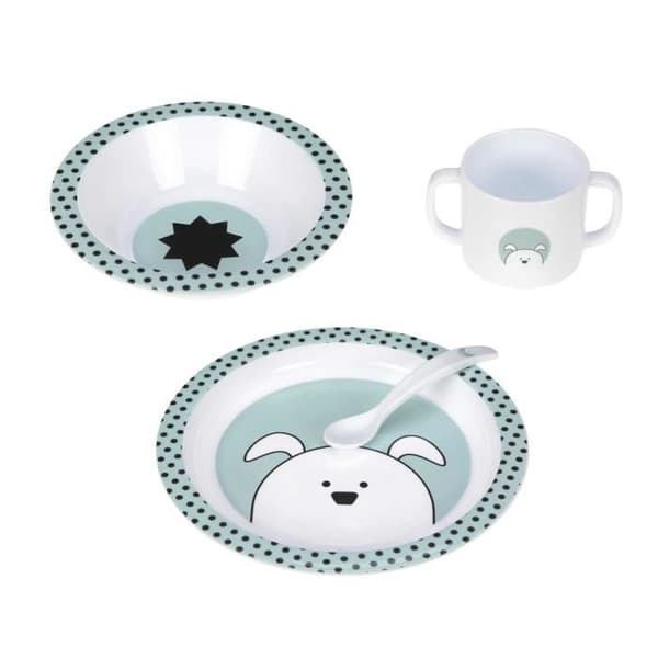 Lässig Little Chums Dog babyservis set - grön/vit - Halkfri silikon