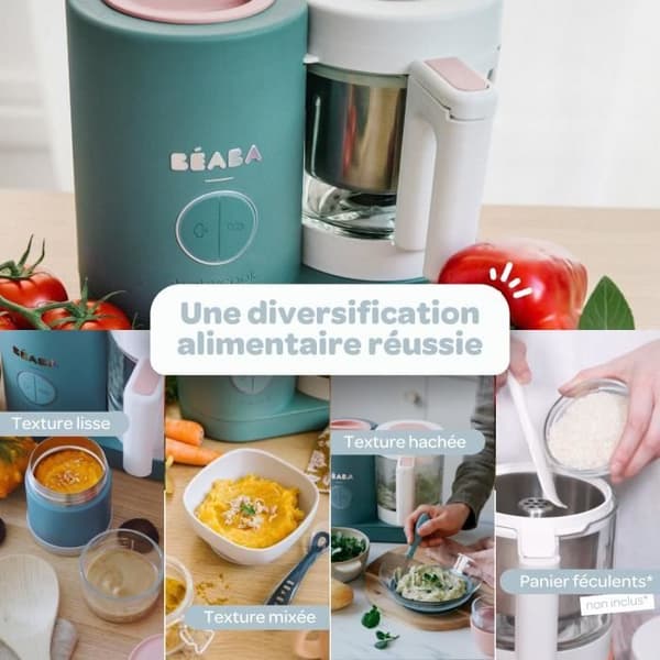 BÉABA - Babycook Néo, Ångkokare 6 i 1 - Tillverkad i Frankrike - Glasburk - XL kapacitet - Eukalyptus